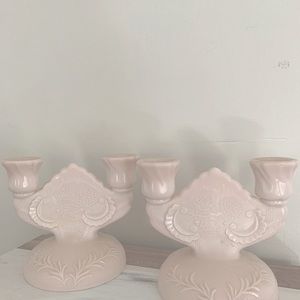 Vintage Jeanette Lombardi, shell pink milk glass, double candle stick holders